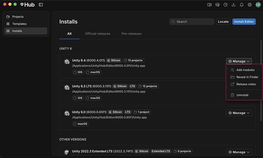 Schermata Installs di Unity Hub con il menu a tendina Manage aperto ed evidenziata la voce Uninstall.