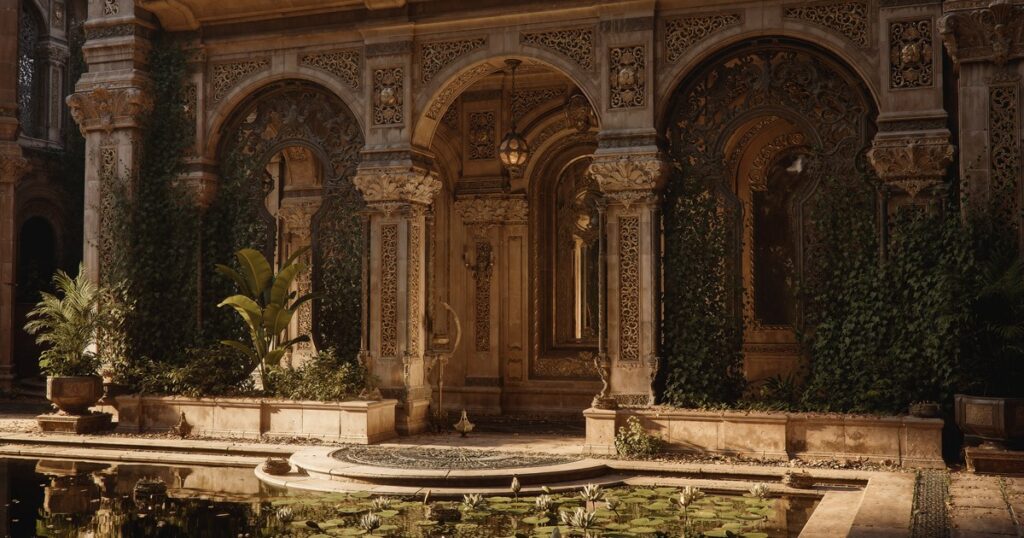 Cortile monumentale in 3D ricco di dettagli architettonici, piante e uno stagno sul davanti.