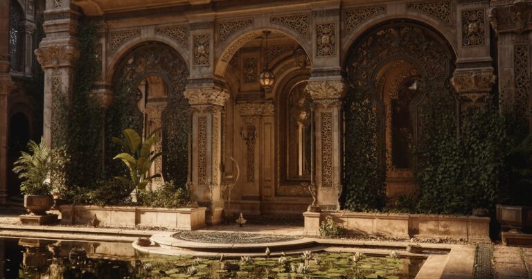 Cortile monumentale in 3D ricco di dettagli architettonici, piante e uno stagno sul davanti.