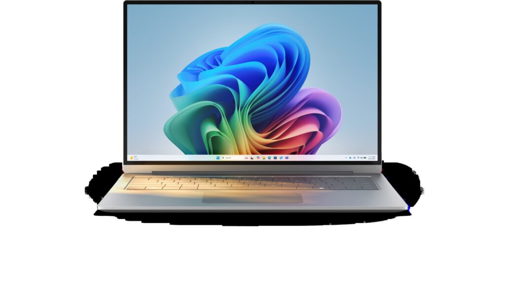 Un computer portatile aperto che mostra la schermata iniziale di Windows 11 con lo sfondo azzurro.