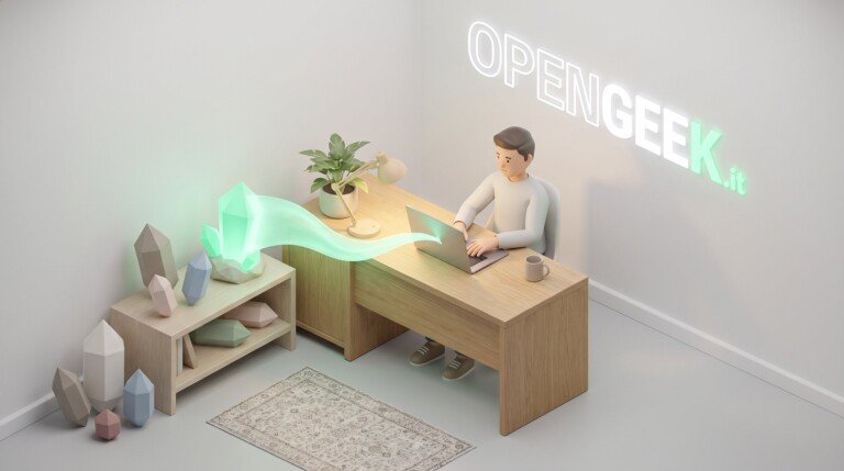 Illustrazione 3D di un uomo al computer con una gemma verde luminosa collegata al laptop.