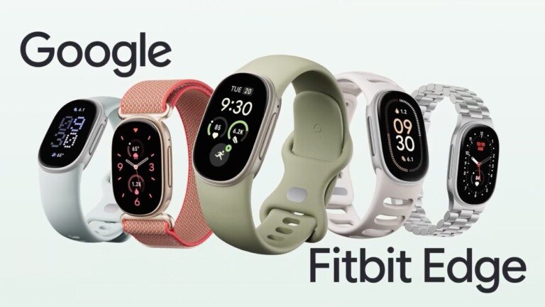 Cinque tracker Google Fitbit Edge con cinturini e quadranti di diversi colori.