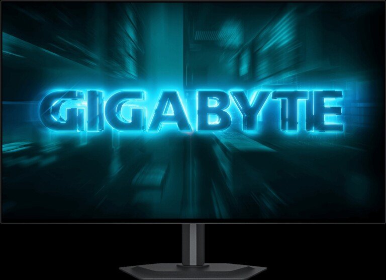 Monitor da gaming Gigabyte GO27Q24G visto di fronte con schermo acceso