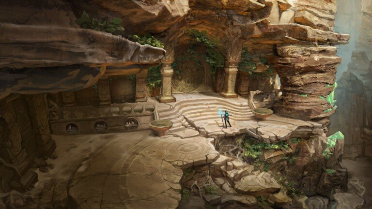 Concept art in 4K di un tempio alchemico scavato nella roccia in un canyon.
