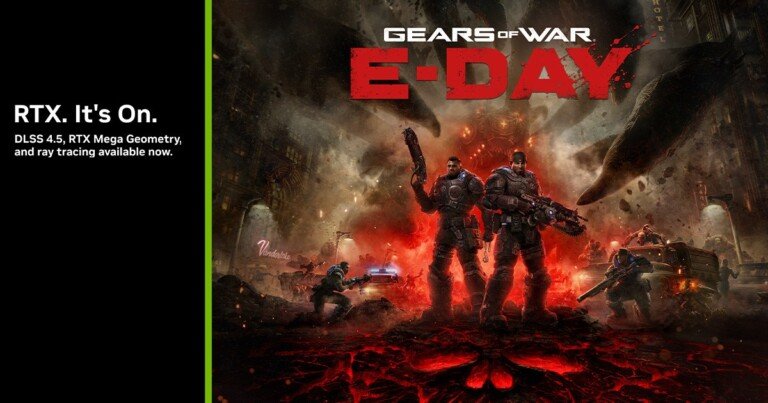 Grafica ufficiale NVIDIA per Gears of War: E-Day con riferimenti a DLSS 4.5 e RTX Mega Geometry.