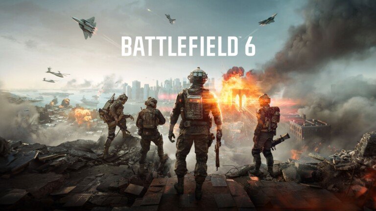 Soldati in prima linea osservano una città in fiamme sotto il logo Battlefield 6