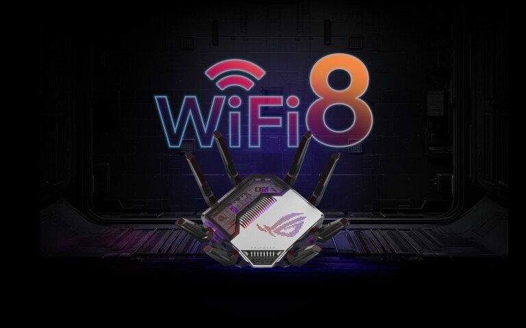 Grafica ufficiale del router ASUS ROG Rapture GT-BN98 con la scritta luminosa WiFi 8 sullo sfondo.
