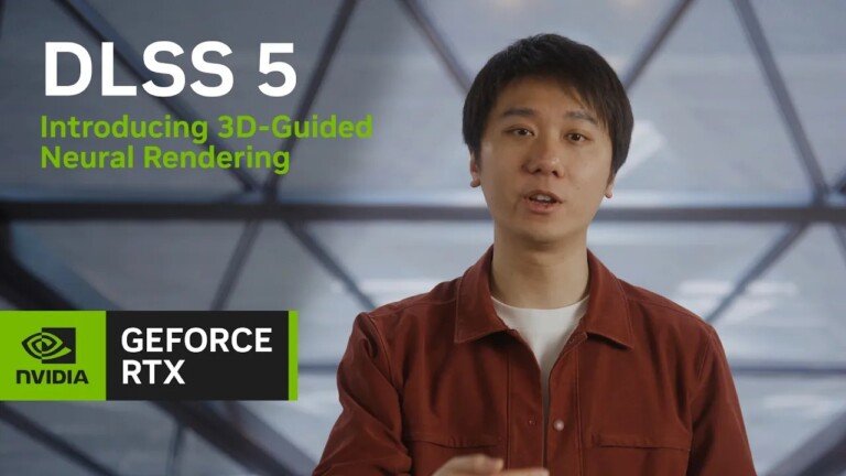 Presentazione NVIDIA DLSS 5 con logo GeForce RTX in evidenza.