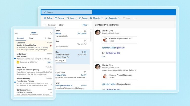 Interfaccia dell'applicazione di posta elettronica Microsoft Outlook per desktop e dispositivi mobili.