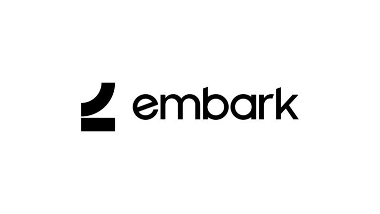 Logo nero di Embark Studios su sfondo bianco.