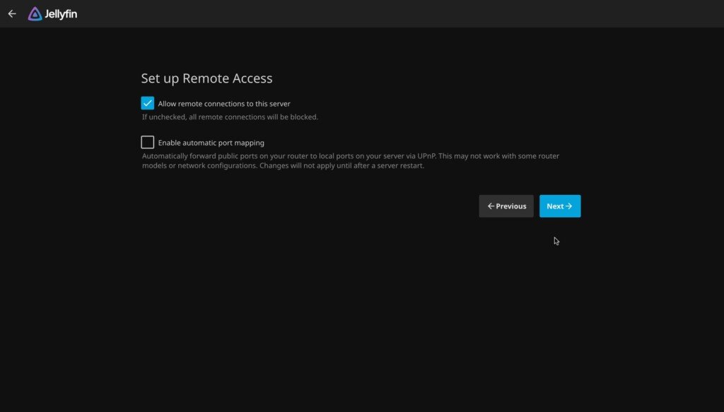 Schermata di Jellyfin con le impostazioni per abilitare le connessioni remote al server.