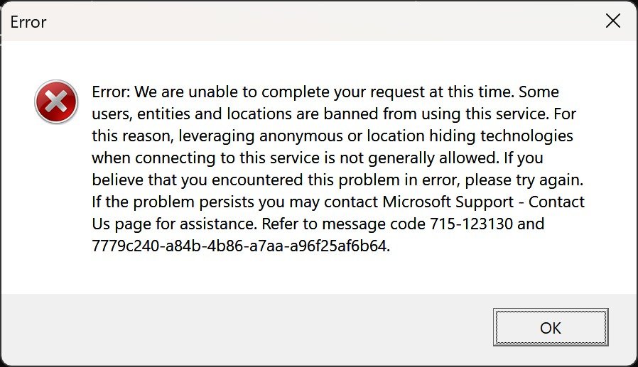 Schermata di errore di Microsoft durante la richiesta di download dell'ISO.