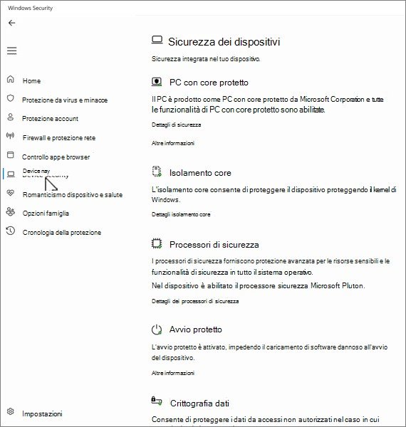 Schermata di Sicurezza dei dispositivi in Windows 11 con l'opzione Avvio protetto attivata.