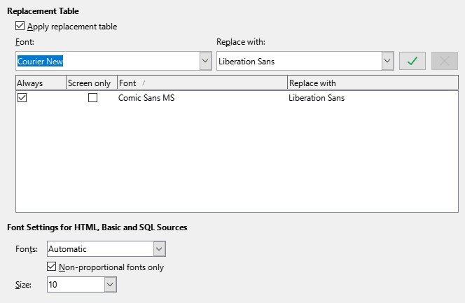 Finestra delle opzioni di LibreOffice mostrante la tabella di sostituzione dei caratteri