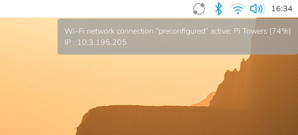 Notifica desktop su Raspberry Pi OS che indica la connessione attiva alla rete con il relativo indirizzo IP.