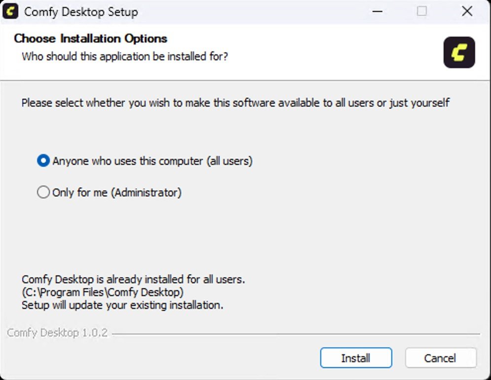 Schermata dell'installer di Comfy Desktop su Windows con le opzioni di installazione per gli utenti.