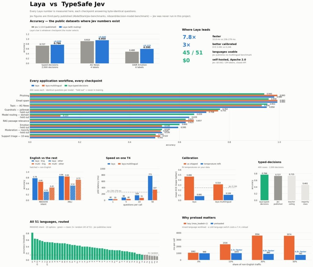 Grafici comparativi sull'accuratezza e la velocità di Laya rispetto a TypeSafe Jev in varie categorie.