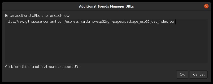 Finestra Additional Boards Manager URLs in Arduino IDE con l'URL per le schede ESP32.