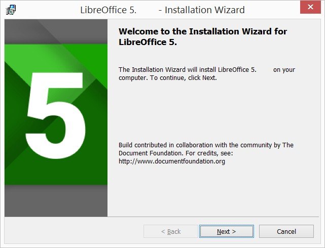 Finestra della procedura guidata per l'installazione di LibreOffice su sistema operativo Windows.