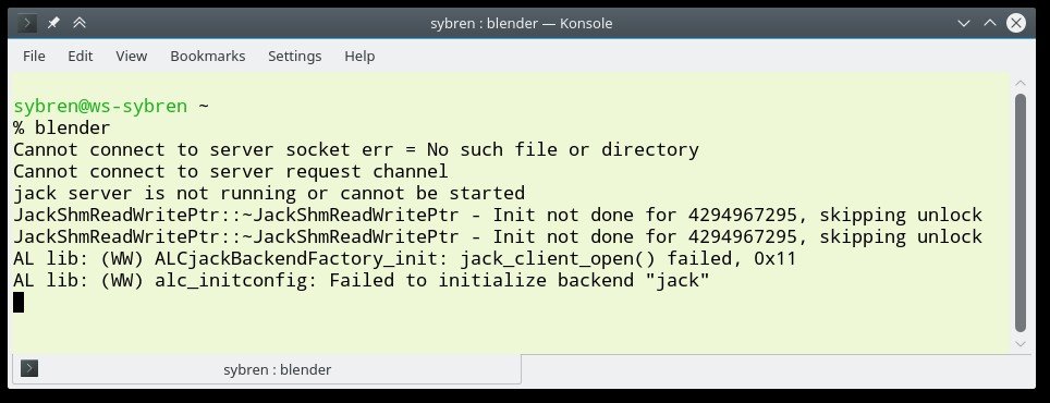 Schermata del terminale Konsole che mostra l'esecuzione del comando per lanciare Blender.