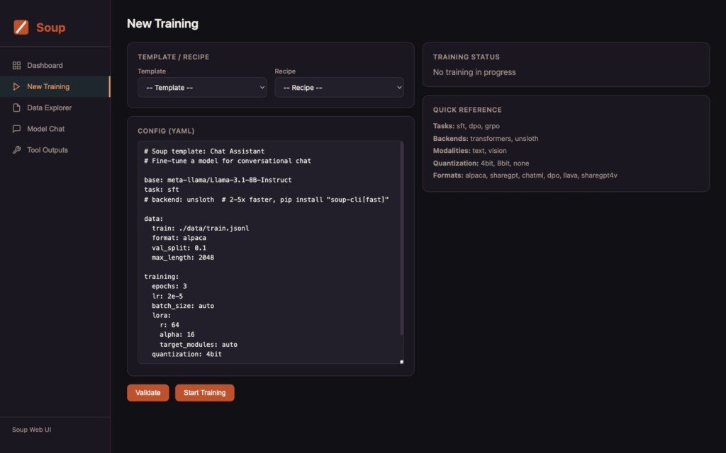 Schermata della Web UI di Soup con l'editor YAML per configurare i parametri del fine-tuning LoRA.