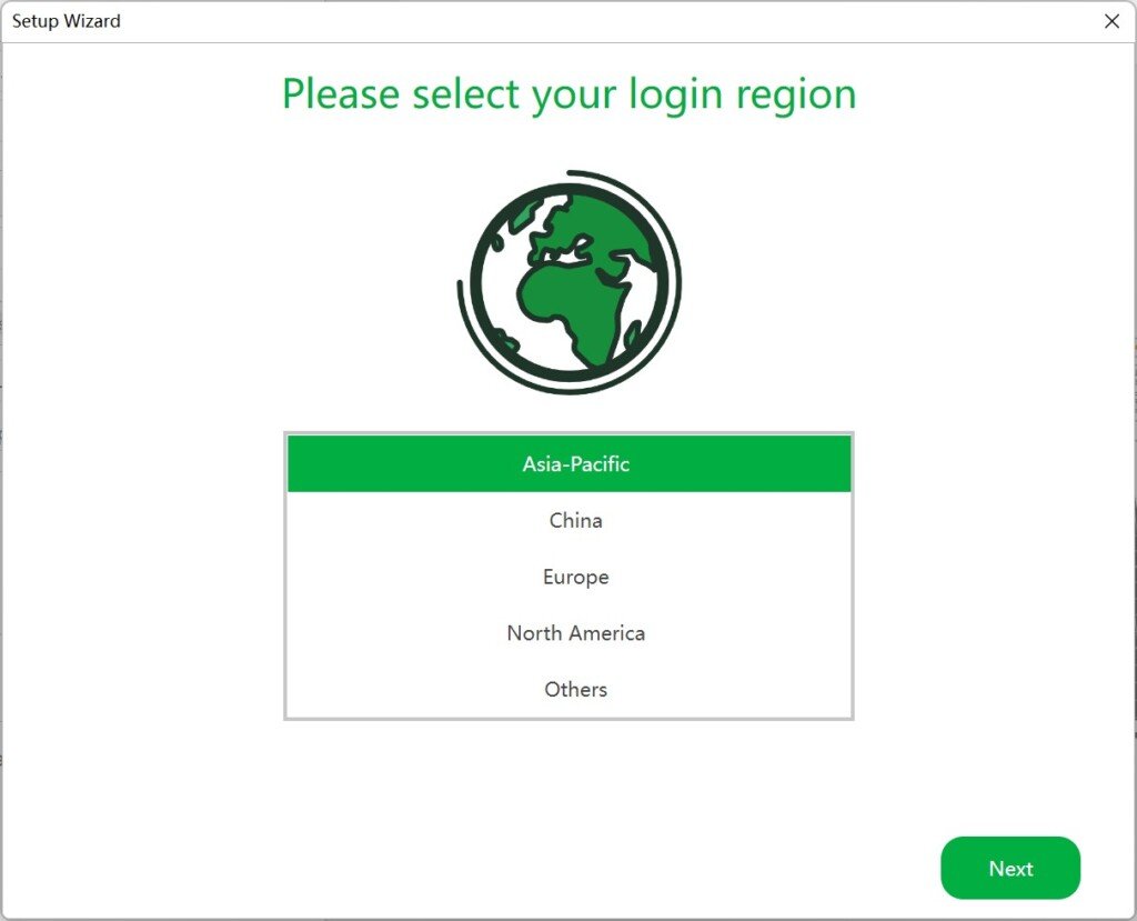 Schermata di configurazione iniziale di Bambu Studio con l'elenco delle regioni geografiche mondiali.