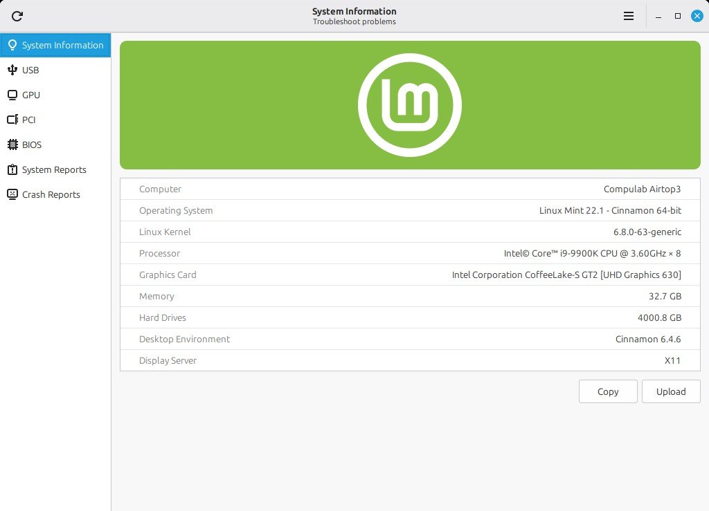 Finestra System Information di Linux Mint con dettagli su processore e memoria RAM.