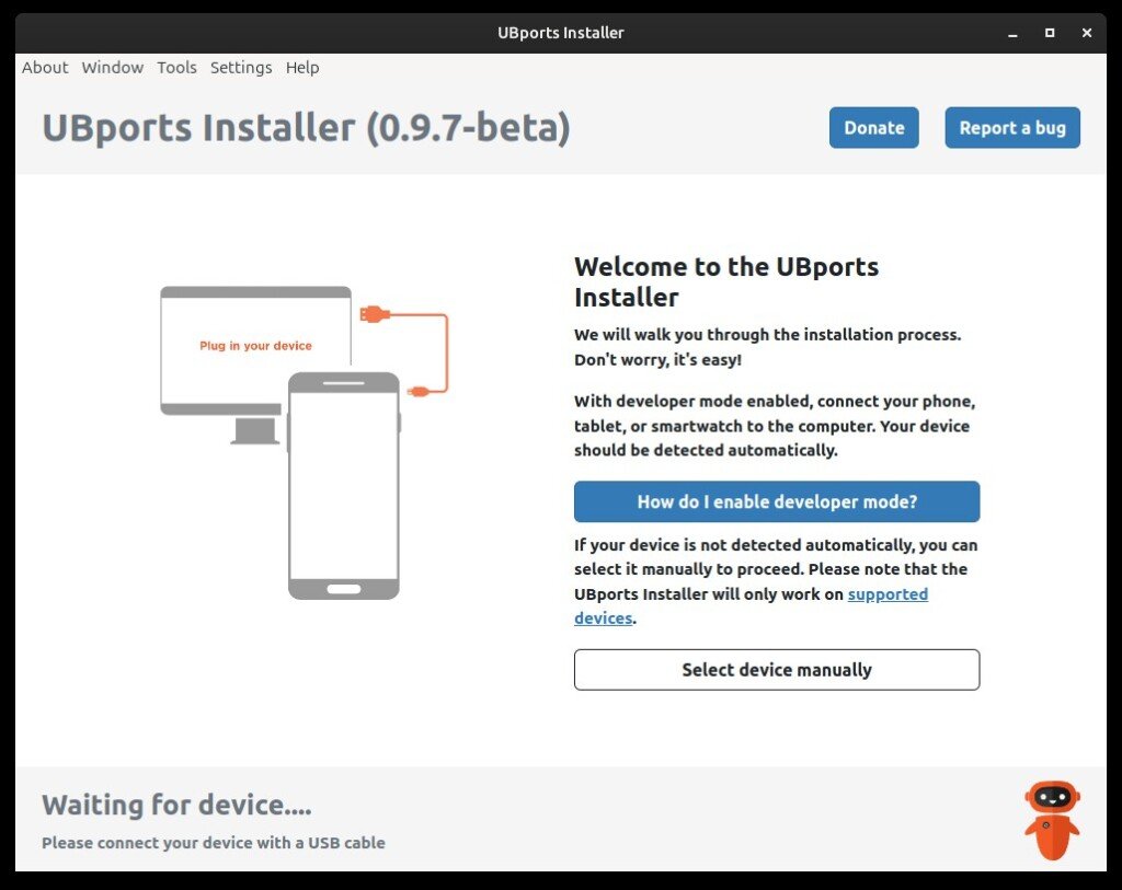 Schermata dell'applicazione UBports Installer in attesa del collegamento dello smartphone.