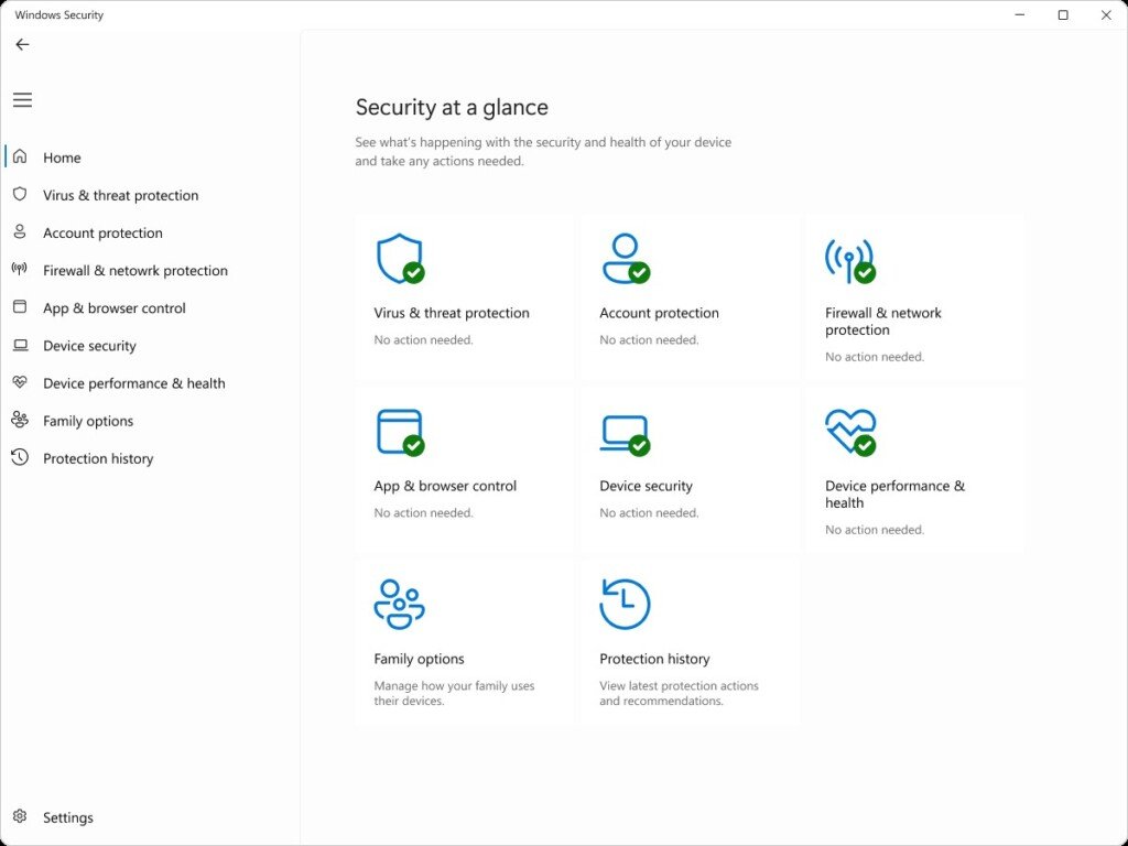 Dashboard di Sicurezza di Windows in Windows 11 con le opzioni di protezione del dispositivo.