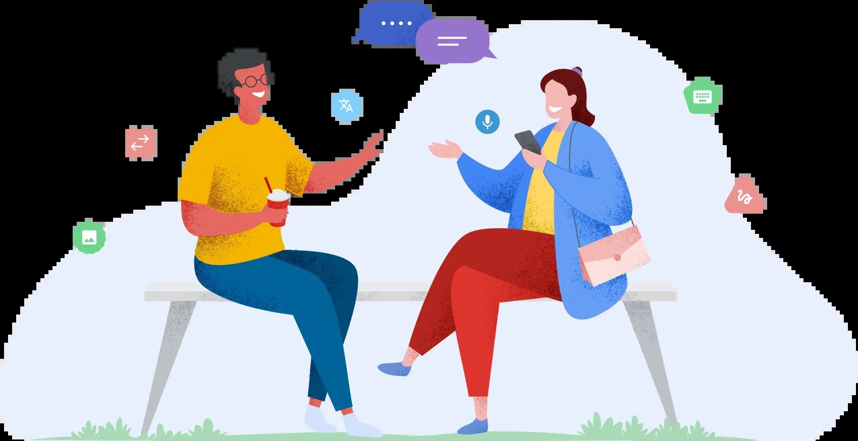 Illustrazione di due persone sedute su una panchina che conversano con icone di traduzione intorno.