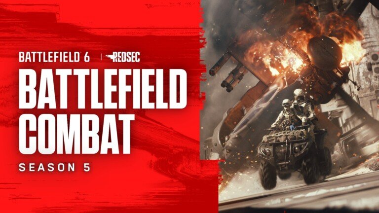 Grafica di Battlefield 6 Season 5 con soldati su un quad ed elicottero in fiamme.