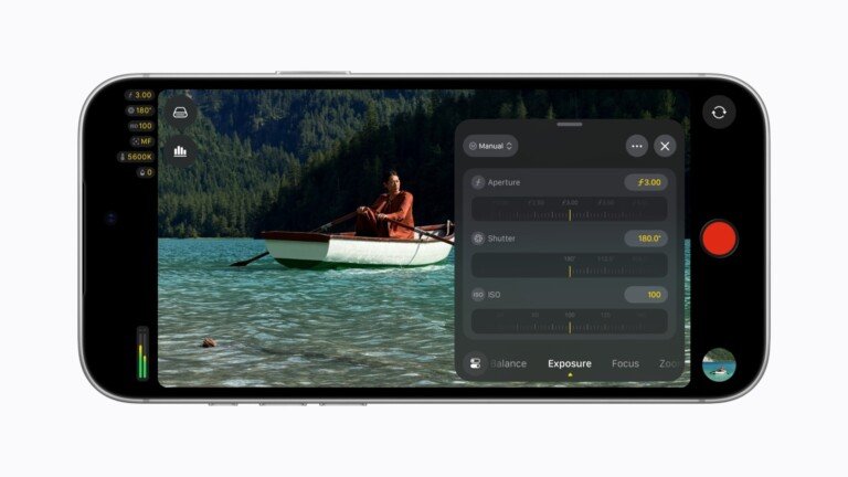 Schermata di Final Cut Camera su iPhone con il menu di regolazione dell'apertura.