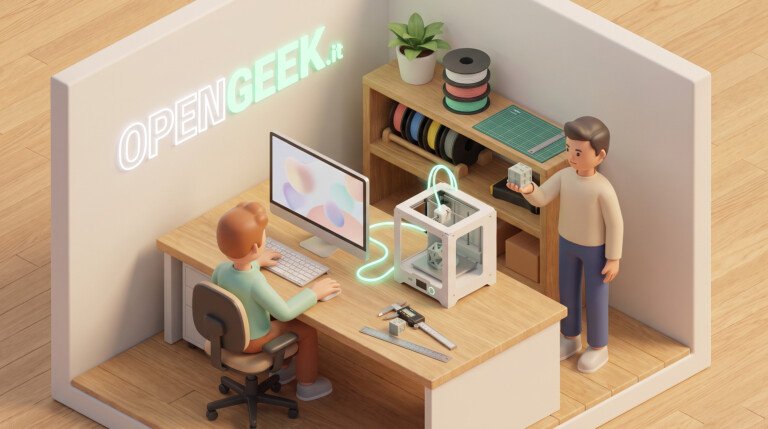Illustrazione 3D di un ufficio con computer, stampante 3D, calibro e strumenti di misura.
