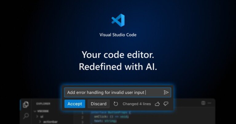 Logo di Visual Studio Code e interfaccia di completamento codice con intelligenza artificiale Copilot.