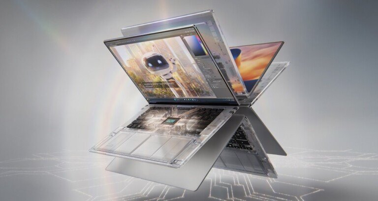Grafica con livelli trasparenti di un laptop che mostra il chip interno e la scheda madre.