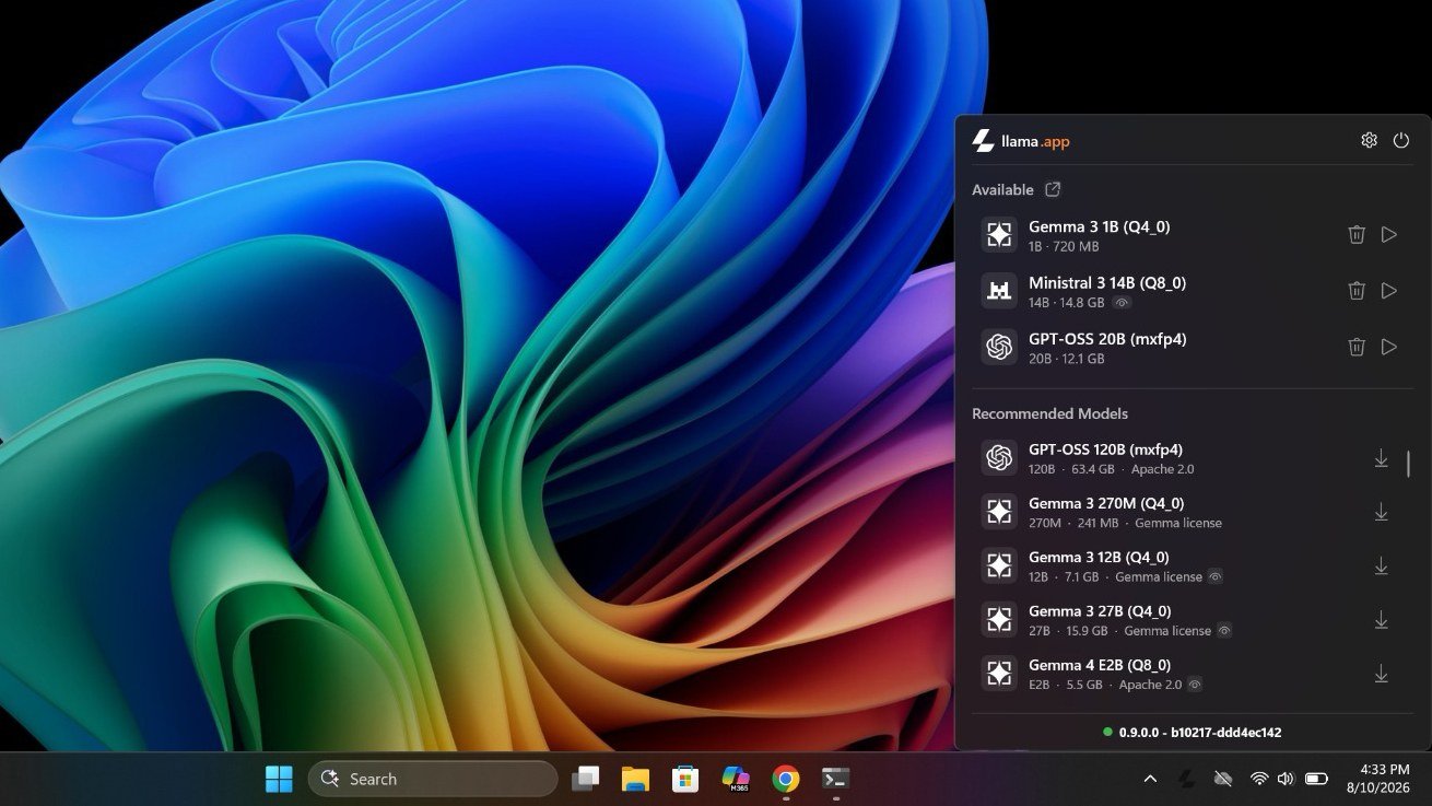 Desktop di Windows 11 con lo sfondo blu predefinito e l'interfaccia di llama.app.
