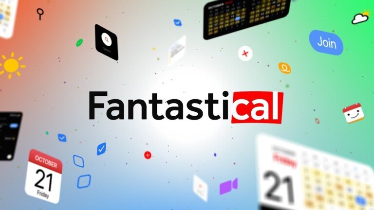 Logo di Fantastical al centro con icone di calendari e meteo fluttuanti su sfondo sfumato.