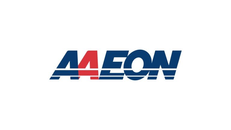 Logo ufficiale di AAEON di colore blu e rosso su sfondo bianco.