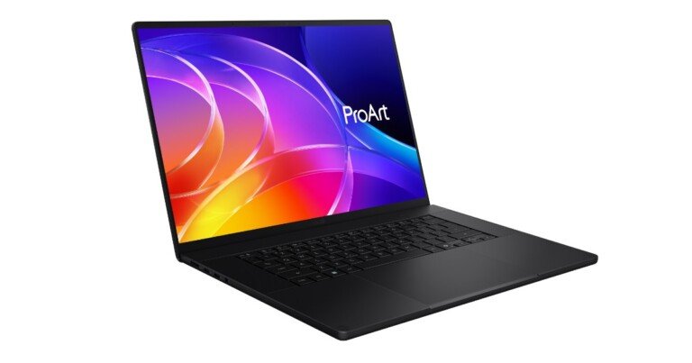 Laptop ASUS ProArt nero aperto con schermo acceso colorato e logo ProArt in evidenza.