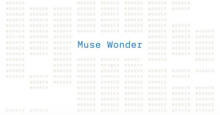 Grafica ufficiale con il testo Muse Wonder in azzurro su sfondo bianco con pattern.