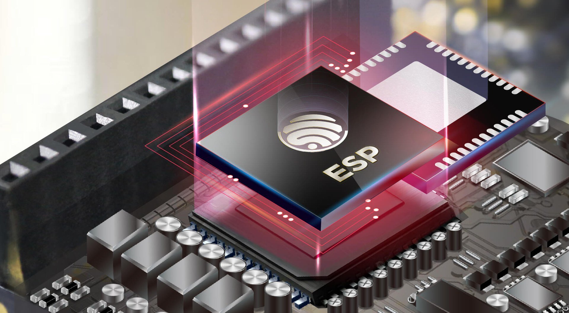 Rendering 3D di un chip con marchio ESP installato su un circuito stampato