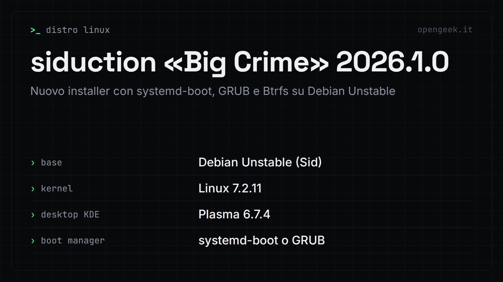 siduction «Big Crime» 2026.1.0: Nuovo installer con systemd-boot, GRUB e Btrfs su Debian Unstable