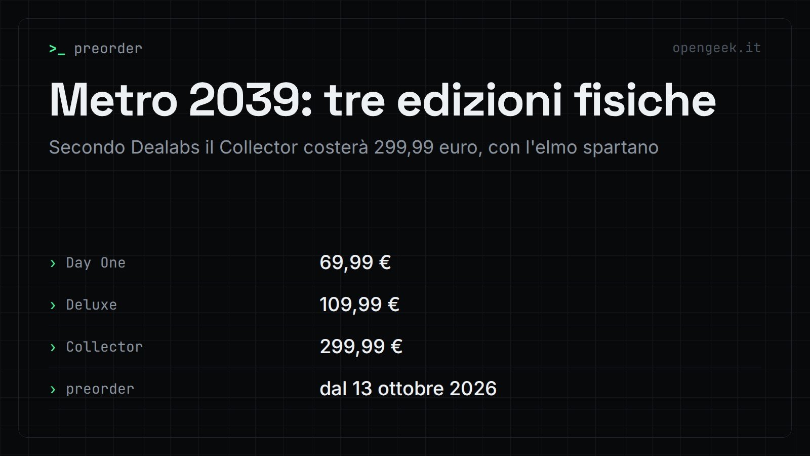Metro 2039: tre edizioni fisiche: Secondo Dealabs il Collector costerà 299,99 euro, con l'elmo spartano