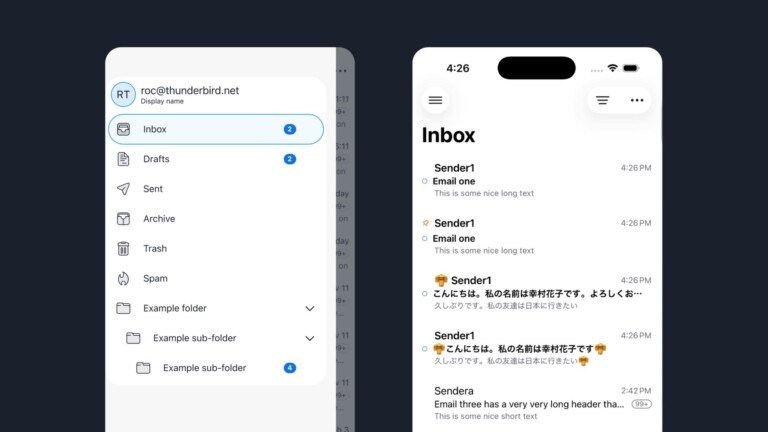 Interfaccia di Thunderbird per iOS che mostra la casella di posta in arrivo e il menu laterale
