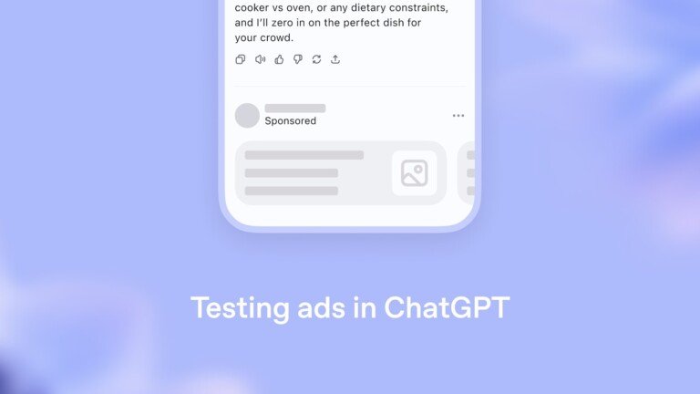 Mockup di un'interfaccia mobile con un box sponsorizzato e testo 'Testing ads in ChatGPT'.