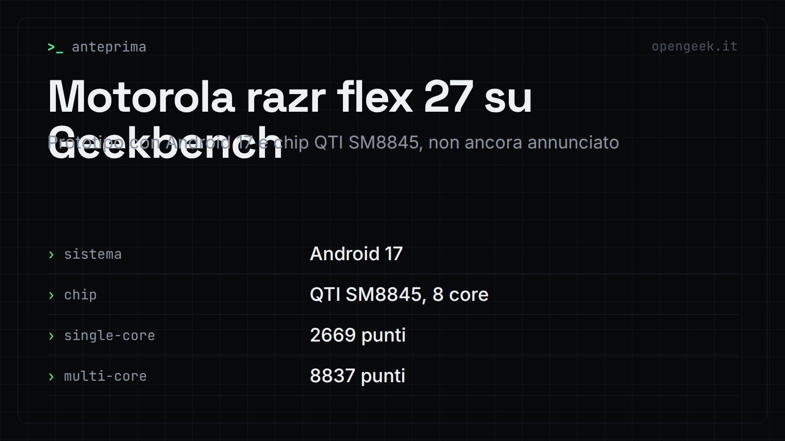 Motorola razr flex 27 su Geekbench: Prototipo con Android 17 e chip QTI SM8845, non ancora annunciato