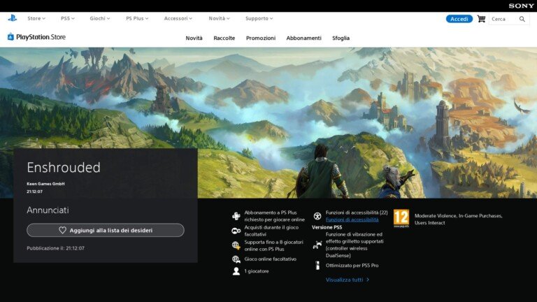Pagina del PlayStation Store con l'artwork del gioco Enshrouded.