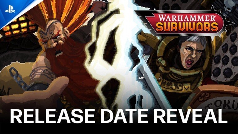 Grafica pixel art di Warhammer Survivors con logo di gioco e la scritta Release Date Reveal.