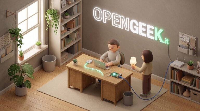 Illustrazione 3D di una persona che configura un Raspberry Pi al computer per la domotica.