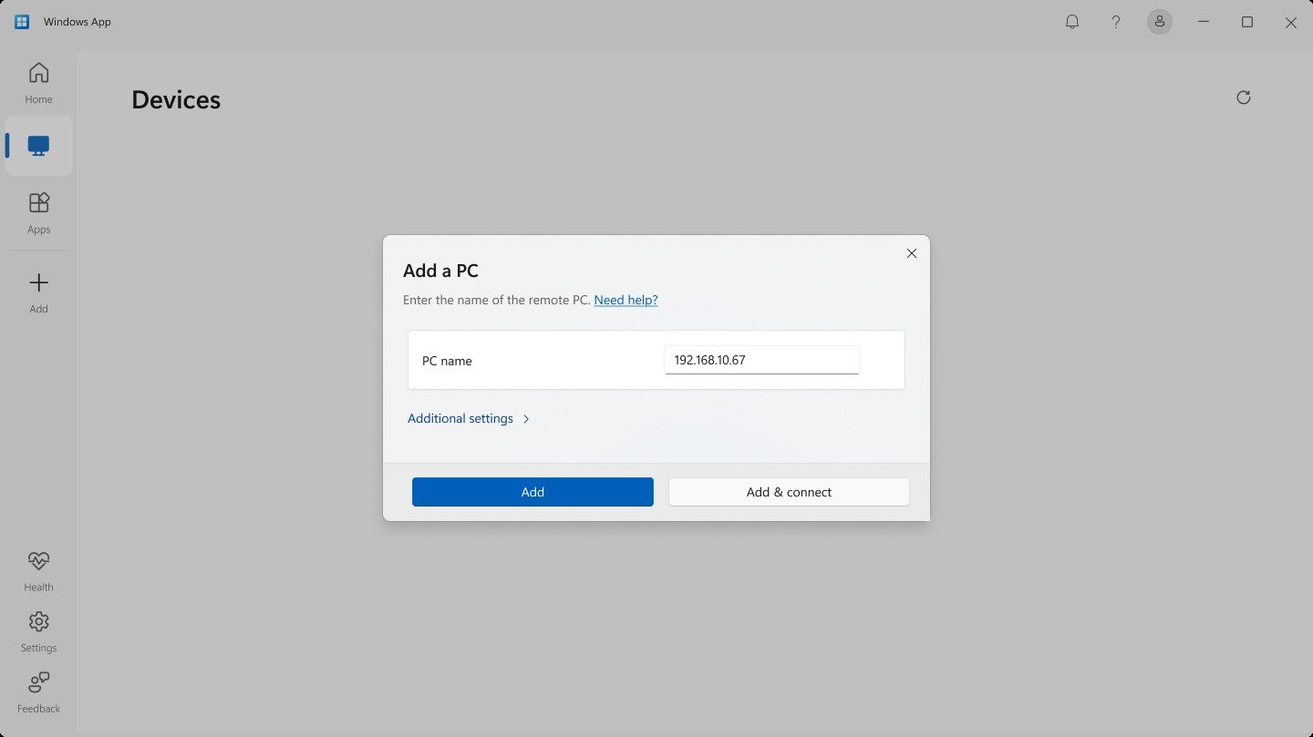 Schermata dell'app Windows con finestra di configurazione per aggiungere un PC tramite indirizzo IP